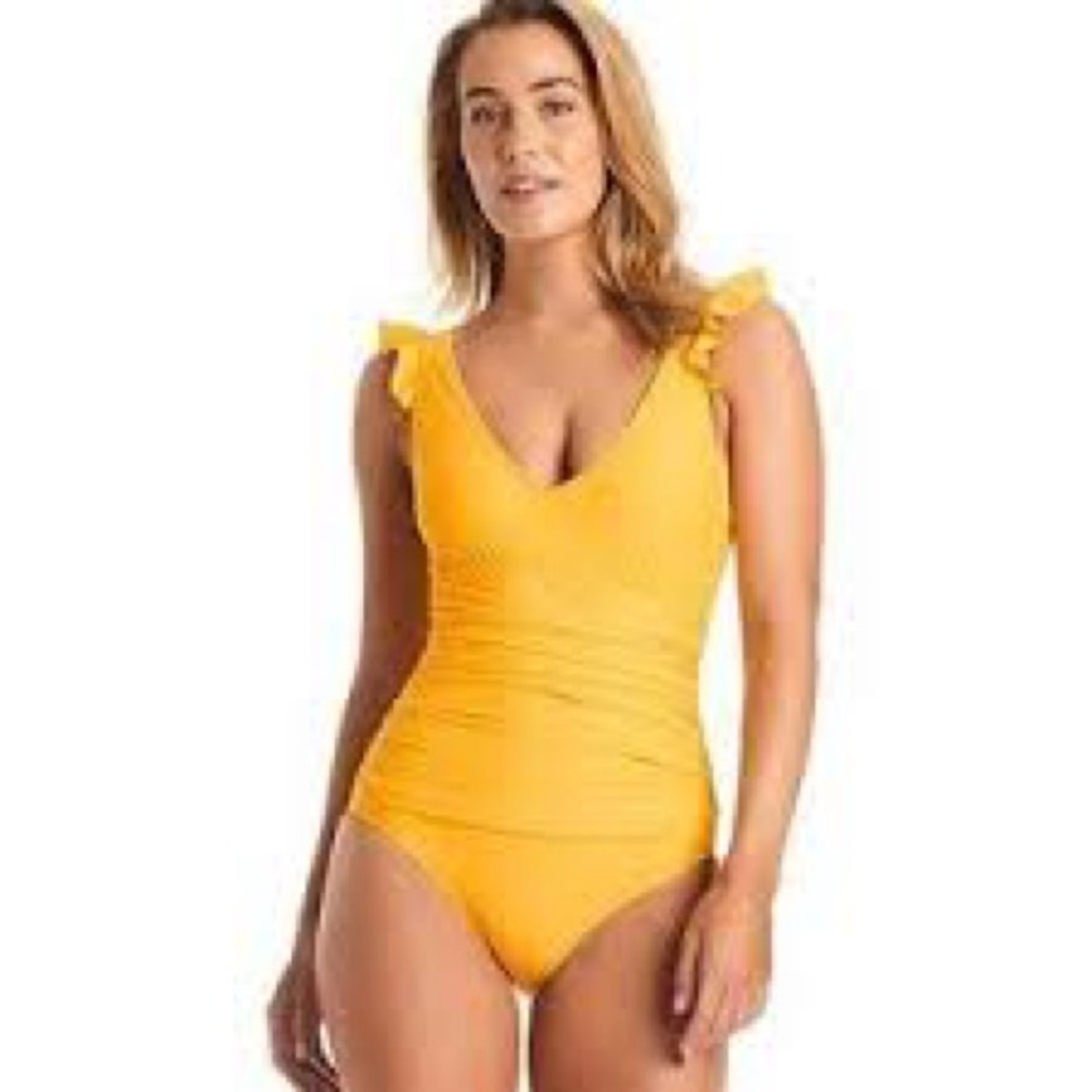 ELLEN TRACY Yellow Ruffled One-Piece Ruched Swimsuit Coquette Fairy Beach